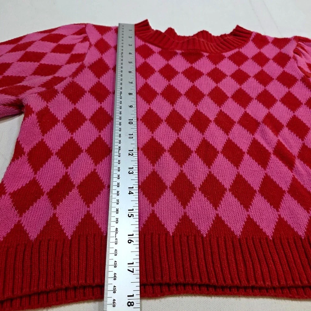 Forever 21 Sweater Womens Large Pink Red Argyle Short Sleeve Crop Knit Top 8000